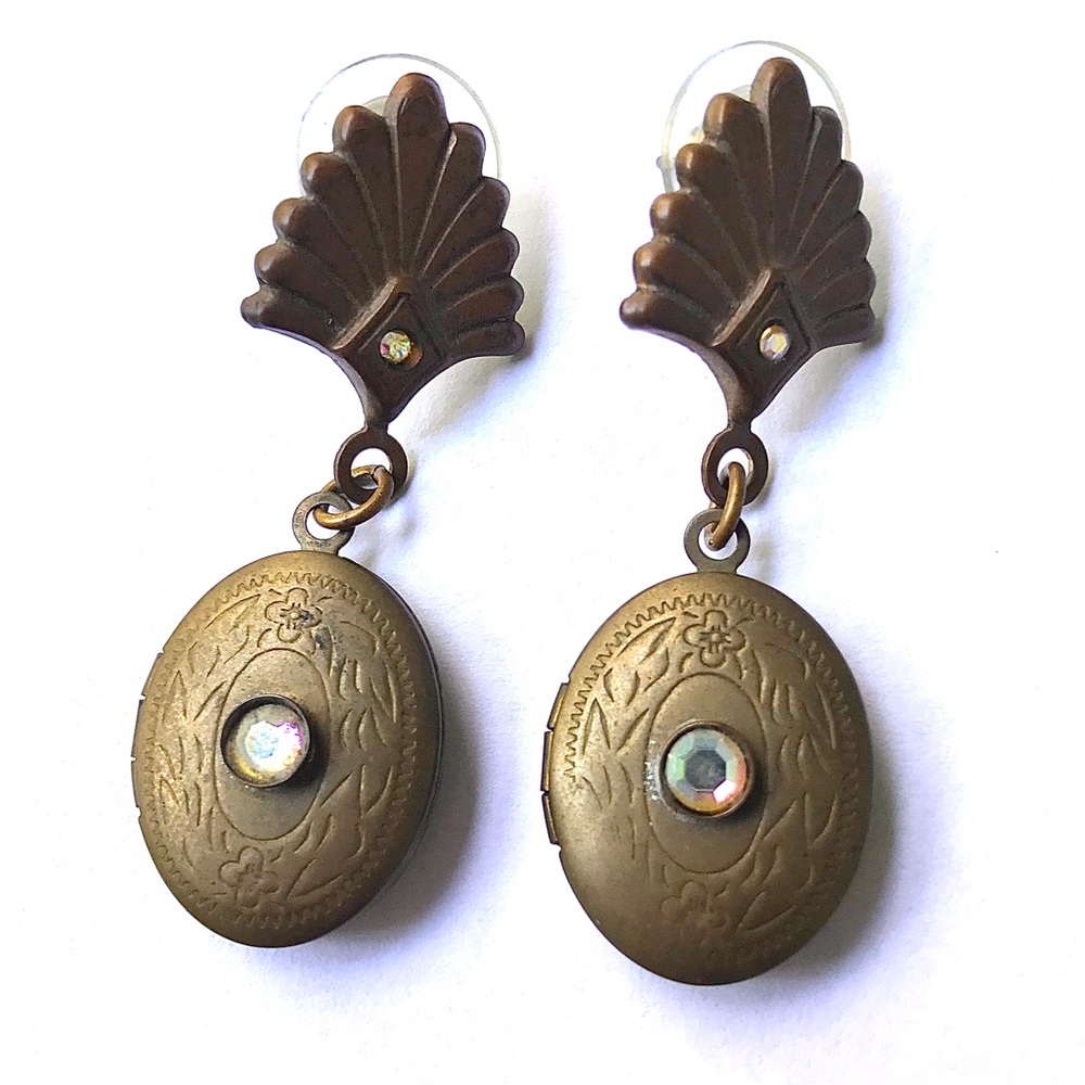 Vintage Locket Earrings Unique Dangle Rhinestone